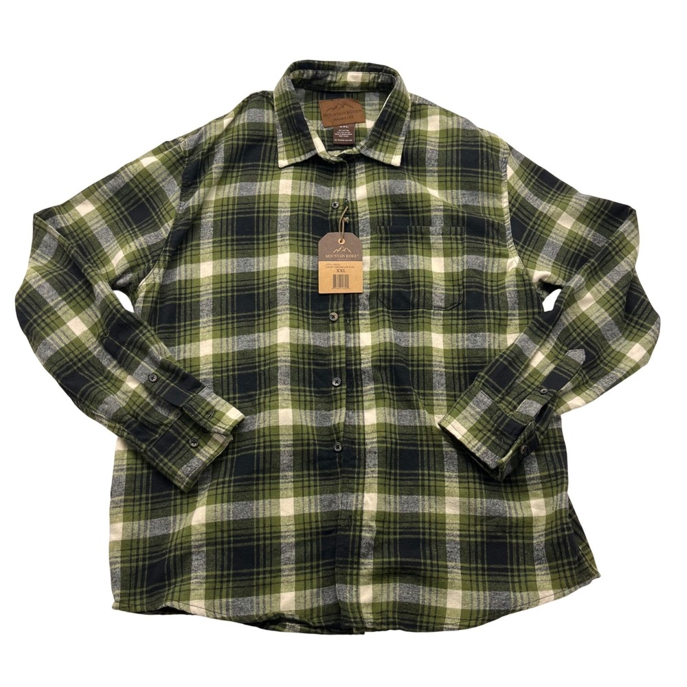 Mountain Ridge Men's XXL Green Black White Plaid Flannel‎ Long Sleeve Shirt